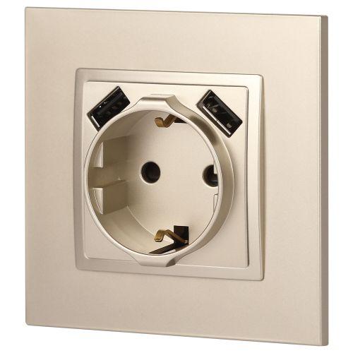  Розетка 16А 250В 2P+E с 2хUSB 5В-3А защ. шторки Elegance шампань 14-4109-04 ЭРА Б0047870 фото в каталоге от BTSprom.by