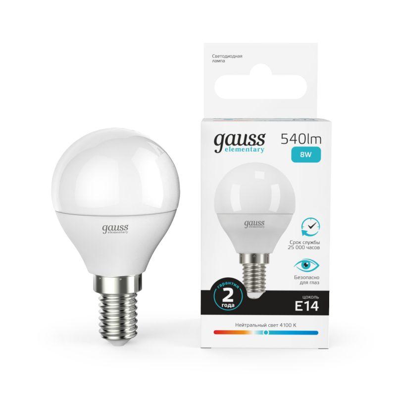 лампа светодиодная elementary 8вт p45 шар 4100к нейтр. бел. e14 540лм gauss 53128 от BTSprom.by