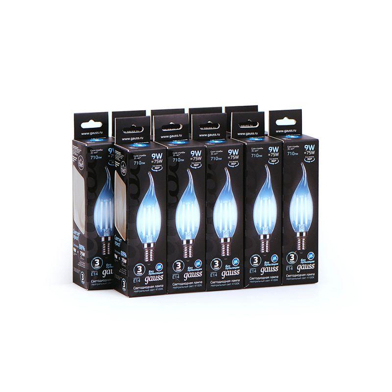 Лампа светодиодная филаментная Black Filament 9Вт свеча на ветру 4100К нейтр. бел. E14 710лм GAUSS 104801209 фото в каталоге от BTSprom.by
