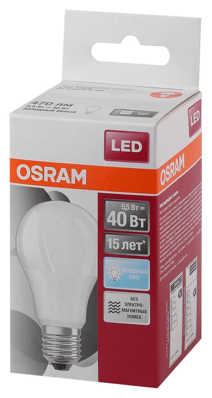 лампа светодиодная led star classic a 40 5.5w/865 5.5вт грушевидная матовая 6500к холод. бел. e27 470лм 220-240в пластик. osram 4052899971523 от BTSprom.by