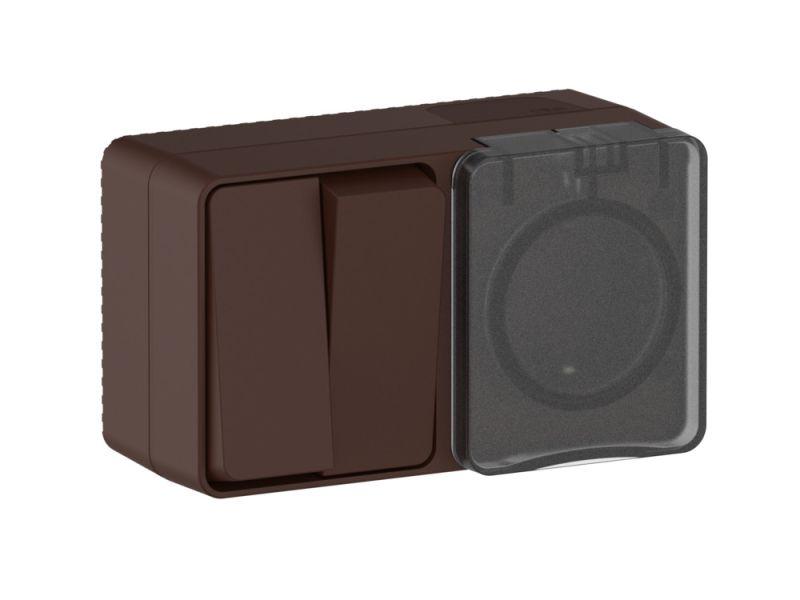  Блок ОП AtlasDesign PROFI IP54 (розетка 1-м 16А заземл. защ. шторки + 2-кл. выключатель 10А) корич. SE ATN546074 фото в каталоге от BTSprom.by