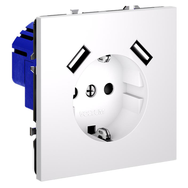  Розетка 1-м СП S70 16А с USB A+A с заземл. защ. шторки механизм бел. матов. Voltum VLS040402 фото в каталоге от BTSprom.by