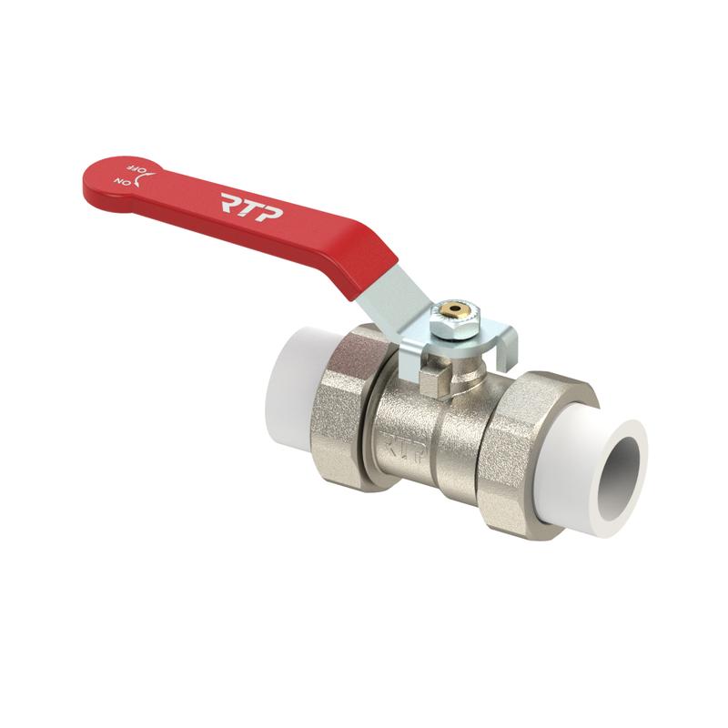 кран шаровой ручка рычаг латунь с двумя переходами на трубу ppr 63 никель rtp 34668 от BTSprom.by