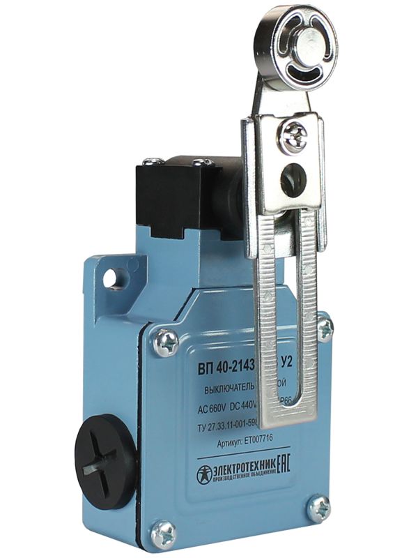 выключатель путевой вп 40-2143м-66 у2 1но+1нз ip66 рычаг со стальным роликом регулир. по длине мгновенный без сальника электротехник et007716 от BTSprom.by