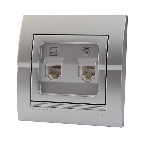 розетка компьютерная + телефонная 2-м сп deriy rj45 + rj11 серебр. метал. lezard 702-2828-143 от BTSprom.by