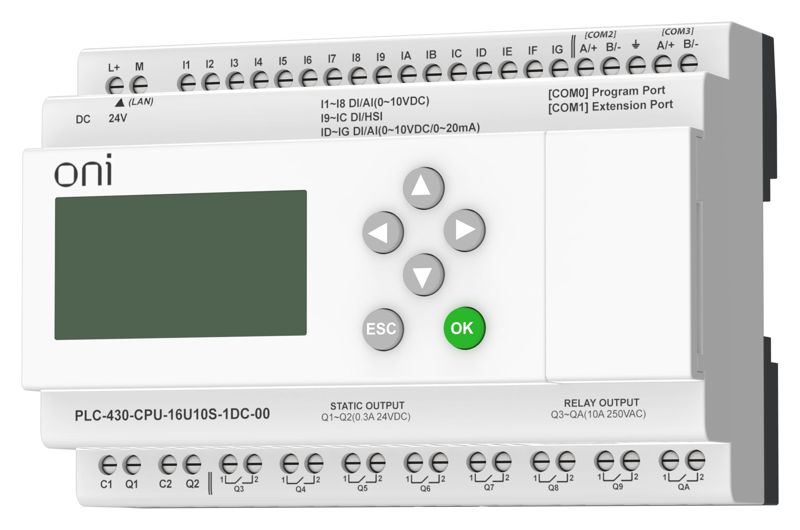  Модуль ЦПУ ПЛК 430 4 DI 12 UI (0-10В/DI) 8 RO 2 TO 24В DC с Ethernet портом с экраном ONI PLC-430-CPU-16U10S-1DC-00 фото в каталоге от BTSprom.by