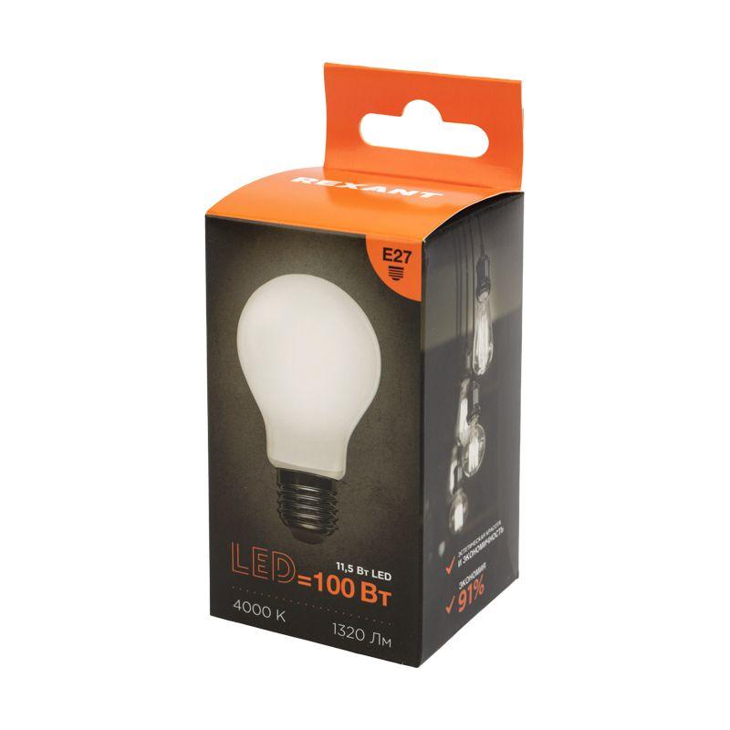 Лампа светодиодная филаментная 11.5Вт A60 грушевидная матовая 4000К нейтр. бел. E27 1320лм Rexant 604-079 фото в каталоге от BTSprom.by