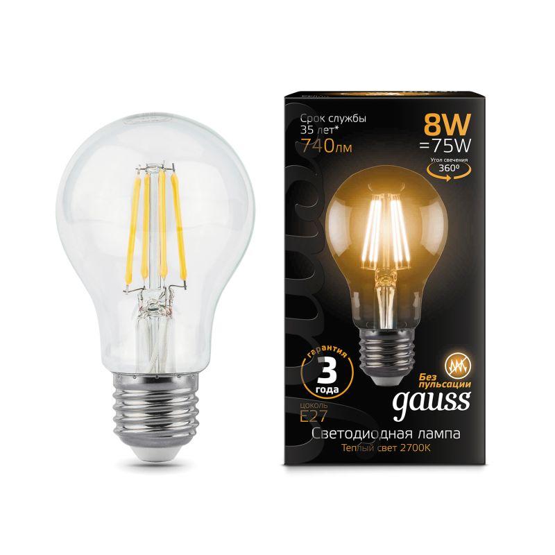 лампа светодиодная филаментная black filament 8вт a60 грушевидная 2700к тепл. бел. e27 740лм gauss 102802108 от BTSprom.by