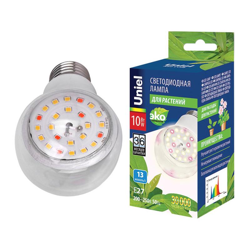 лампа светодиодная led-a60-10w/spfb/e27/cl plp30wh 10вт a60 грушевидная прозрачная для растений спектр для фотосинтеза (упак. картон) uniel ul-00007404 от BTSprom.by