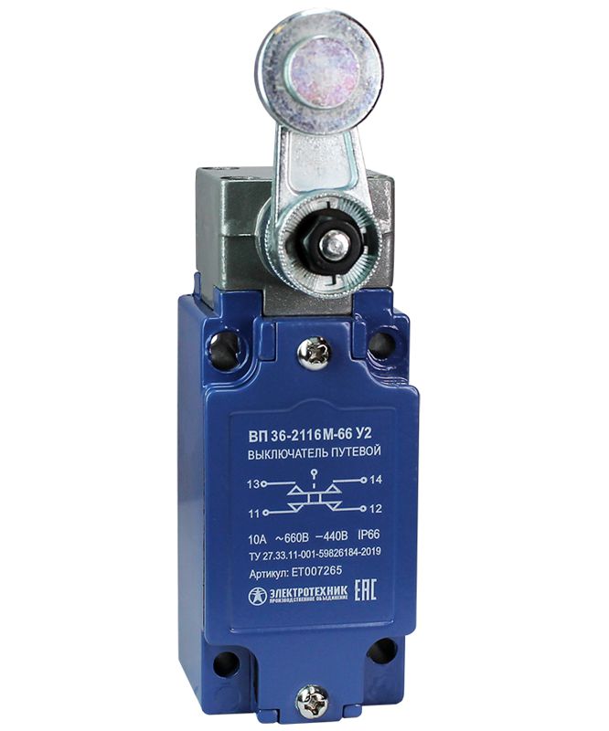 выключатель путевой вп 36-2116м-66 у2 1но+1нз 3а ip66 рычаг со стальным роликом безинерционный 30х60мм без сальника электротехник et007265 от BTSprom.by