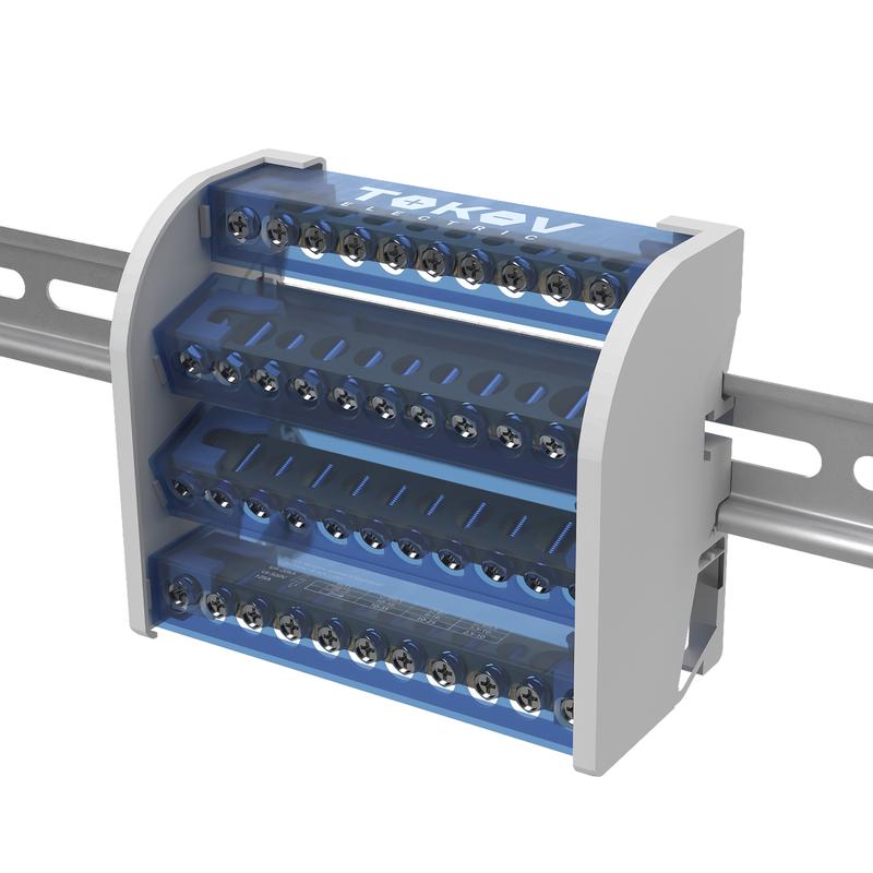 шина на din-рейку в корпусе (кросс-модуль) 4 группы по 11 отверстий 125а tokov electrict ke-dbtb-125-4-11/3l+pen от BTSprom.by