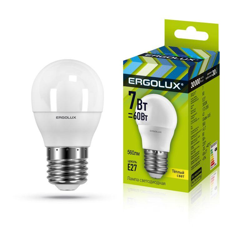 лампа светодиодная led-g45-7w-e27-3000k 172-265в "шар" ergolux 12143 от BTSprom.by