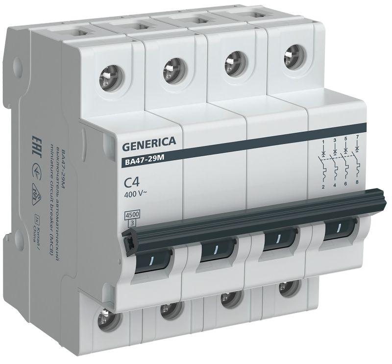 выключатель автоматический модульный 4п c 4а 4.5ка ва47-29м generica mva21-4-004-c-g от BTSprom.by
