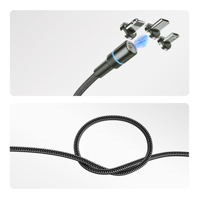  Кабель USB 3в1 со съемными магнитными портами Type-С (2А) Lightning (2.4А) Micro USB (2А) 1.2м черн. оплетка LED подсветка Rexant 18-7076 фото в каталоге от BTSprom.by