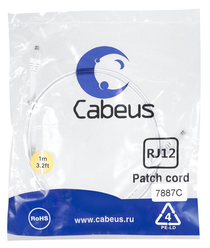 патч-корд телефонный pc-tel-rj12-1m 2х6р4с pvc 1м бел. cabeus 7887c от BTSprom.by