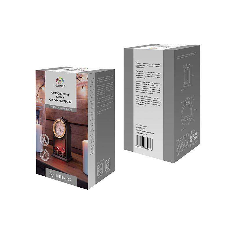  Камин светодиодный "Старинные часы" 14.7х11.7х25см эффект живого огня USB и элементы питания 2хC (не в компл.) черн. Neon-Night 511-020 фото в каталоге от BTSprom.by