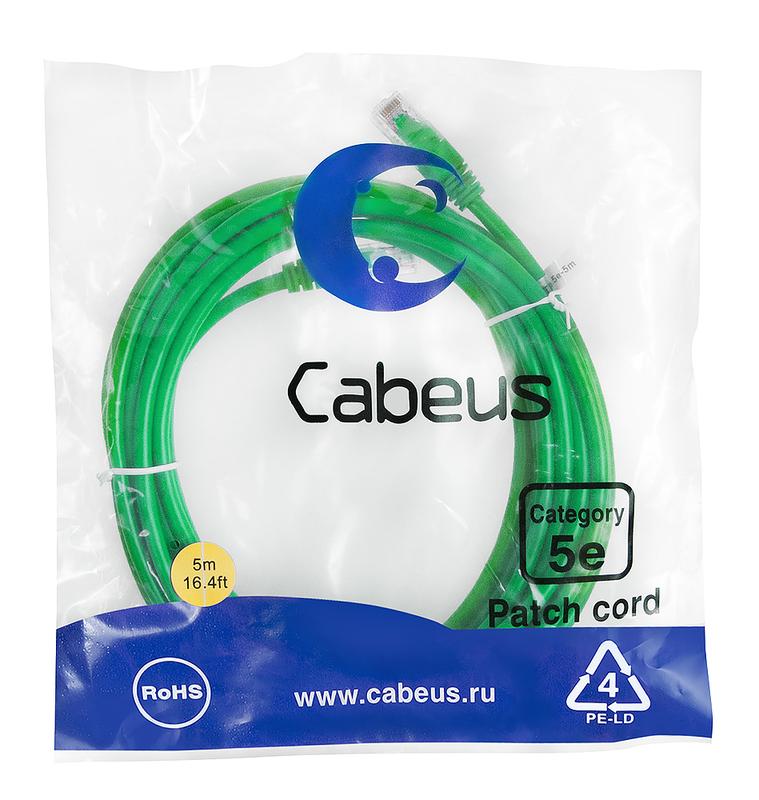 патч-корд u/utp кат.5e pc-utp-rj45-cat.5e-5m-gn-lszh 2xrj45/8p8c неэкранир. lszh 5м зел. cabeus 9509c от BTSprom.by