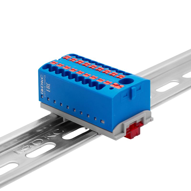 блок распределительный с вертикал. адаптером на рейки шир. 15/35мм зажим push-in 1 ввод 6кв.мм 18 точек подключения 2.5кв.мм син. dkc dtp1-118-104spub-v от BTSprom.by