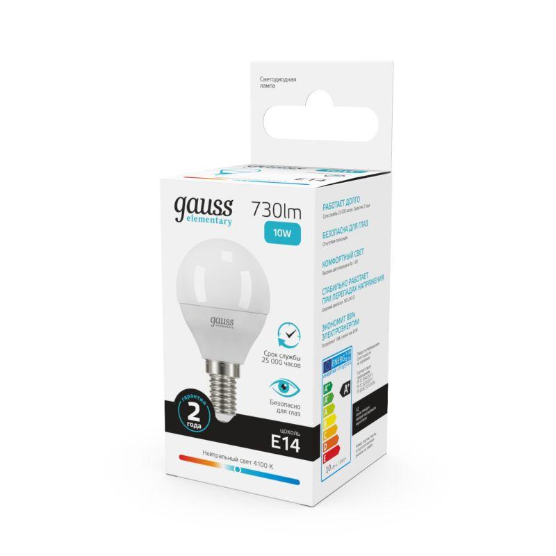 Лампа светодиодная Elementary 10Вт P45 шар 4100К нейтр. бел. E14 730лм GAUSS 53120 фото в каталоге от BTSprom.by