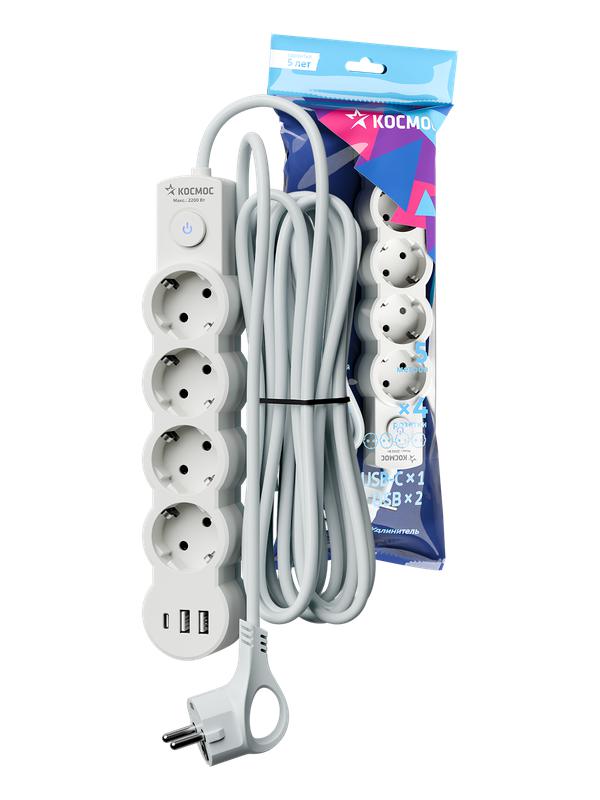 удлинитель 3х5м с заземл. 10а ip20 usb 2500вт 220в пвс 3х1 с выкл. бел. космос yksm5m4g-z-vu10а-w от BTSprom.by