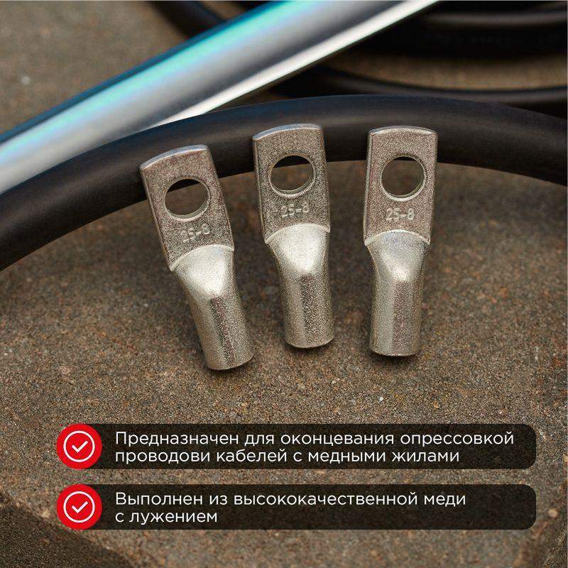 Наконечник медный луженый ТМЛ 25кв.мм 25-8-7 d8мм ГОСТ 7386-80 (уп.10шт) Rexant 07-5313-3 фото в каталоге от BTSprom.by  Наконечник медный луженый ТМЛ 25кв.мм 25-8-7 d8мм ГОСТ 7386-80 (уп.10шт) Rexant 07-5313-3 фото в каталоге от BTSprom.by