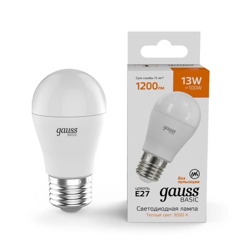 лампа светодиодная basic 13вт p45 шар 3000к тепл. бел. e27 1200лм gauss 10502132 от BTSprom.by