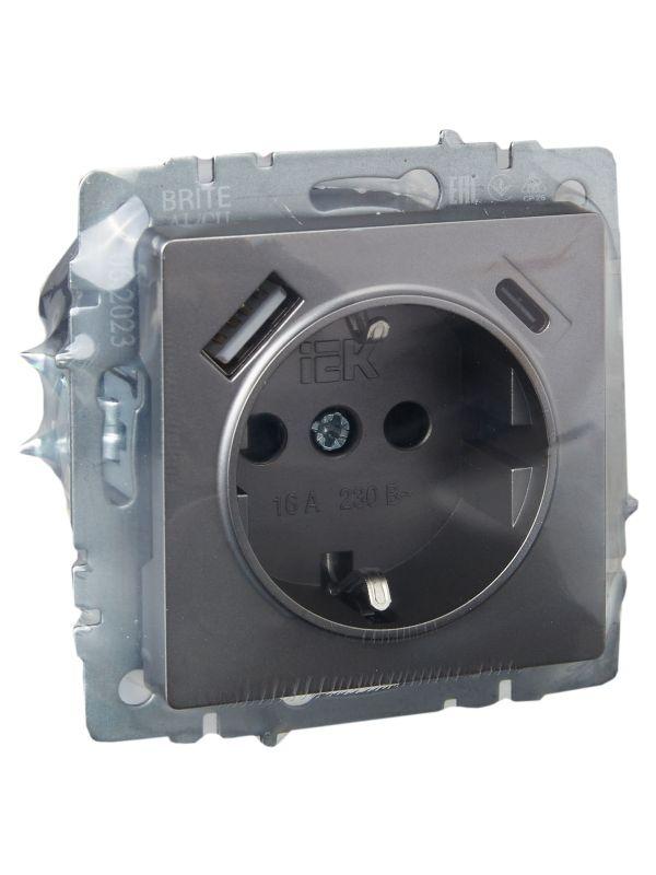  Розетка BRITE РЮш11-1-БрС 16А с USB A+C 18Вт с заземл. защ. шторки механизм сталь IEK BR-R14-16-U22-018-K46 фото в каталоге от BTSprom.by
