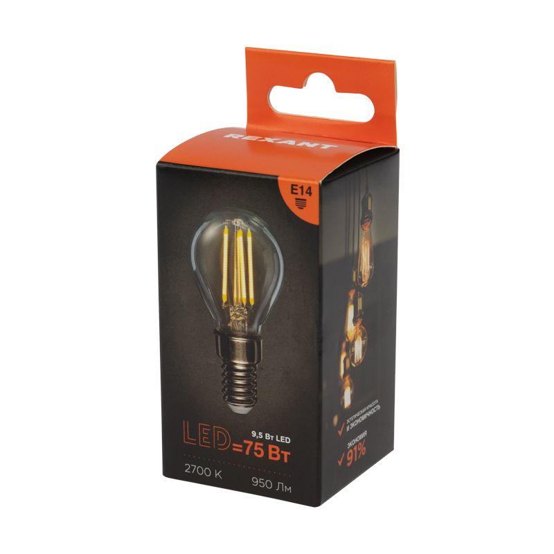 Лампа филаментная Шарик GL45 9.5Вт 950лм 2700К E14 прозр. колба Rexant 604-129 фото в каталоге от BTSprom.by