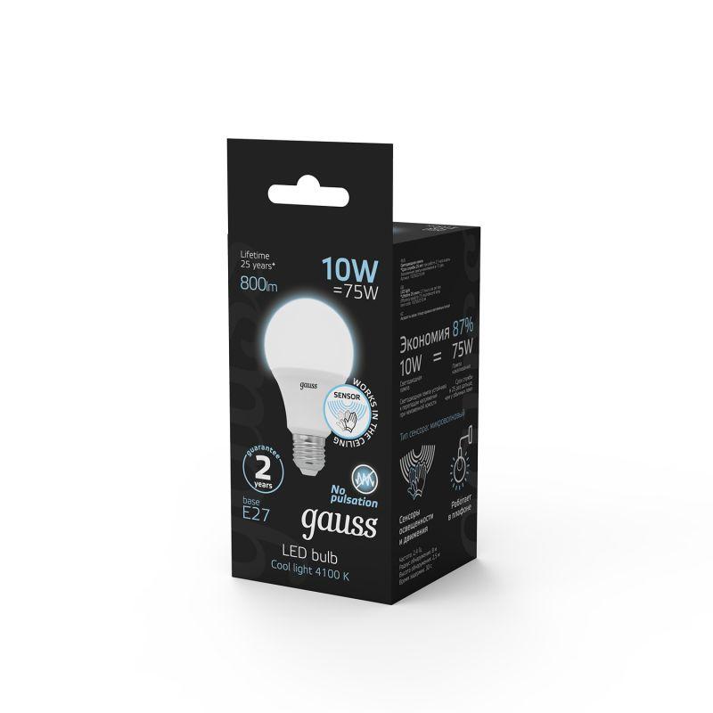 Лампа светодиодная Black 10Вт A60 грушевидная 4100К нейтр. бел. E27 800лм с датчиком движения GAUSS 102502210-M фото в каталоге от BTSprom.by