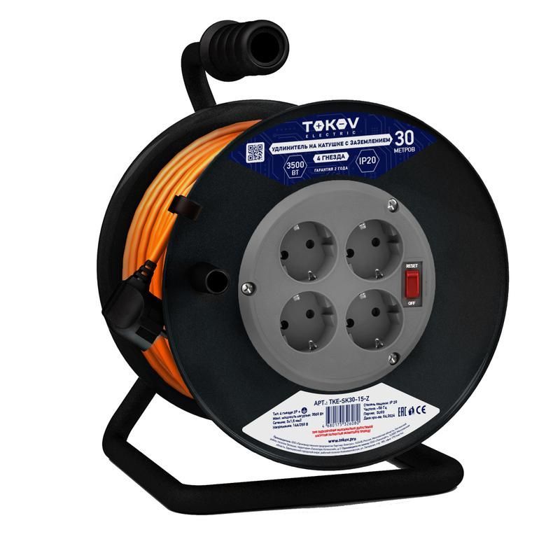 удлинитель на катушке 4х30м с заземл. 6а ip20 3х0.75 tokov electric tke-sk30-075-z от BTSprom.by