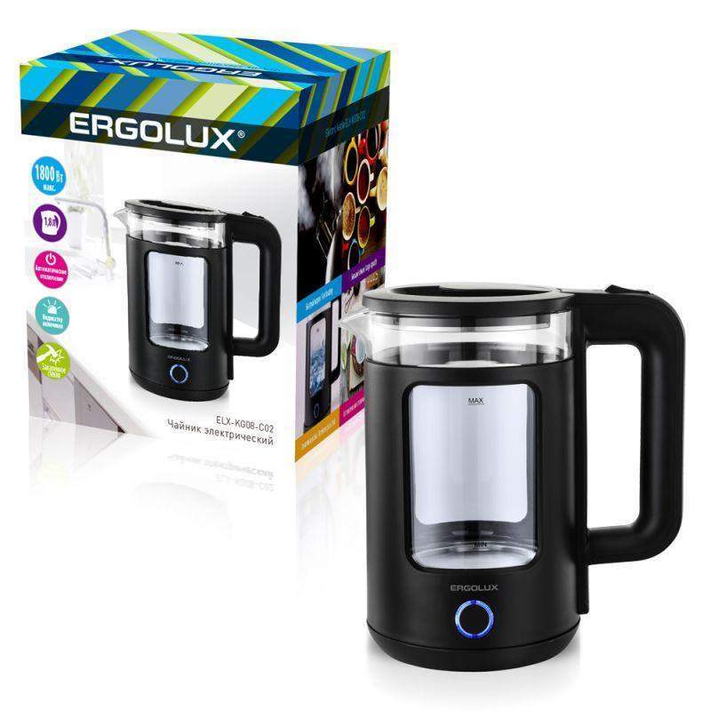 чайник электрический elx-kg08-c02 стекло/пластик 1.8л 220-240в 1800вт черн. ergolux 15333 от BTSprom.by
