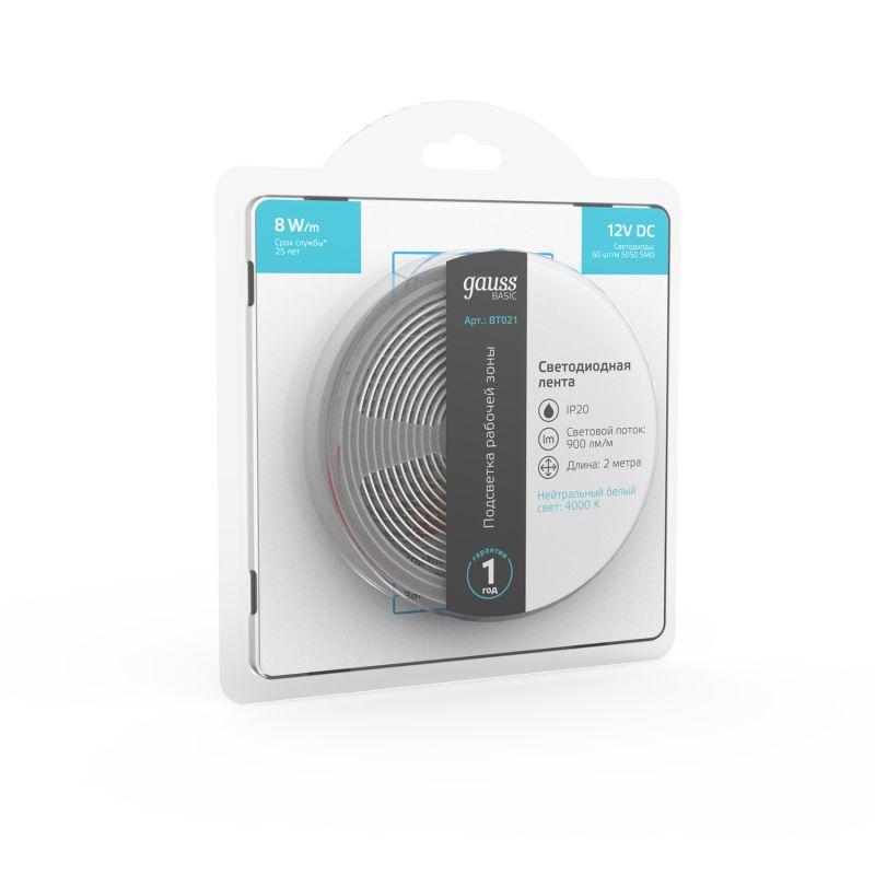  Лента светодиодная Basic 5050/60-SMD 8Вт/м 4000К нейтр. бел. IP20 900лм/м 12В 10мм (уп.2м) GAUSS BT021 фото в каталоге от BTSprom.by