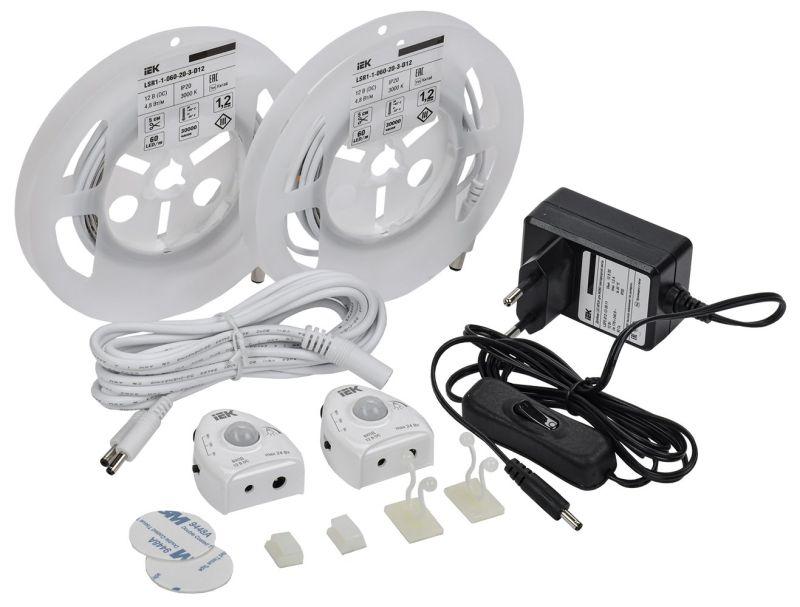 комплект светодиодной подсветки "сделай сам" diy (лента led 2х1.2м lsr-2835ww60-4.8-ip20-12в + драйвер + 2 датчика движения) iek 2lsr1-1-060-20-1-2xd12-s3 от BTSprom.by