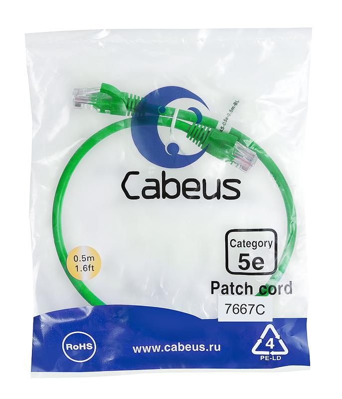 патч-корд u/utp кат.5e pc-utp-rj45-cat.5e-0.5m-gn 2xrj45/8p8c неэкранир. pvc 0.5м зел. cabeus 7667c от BTSprom.by