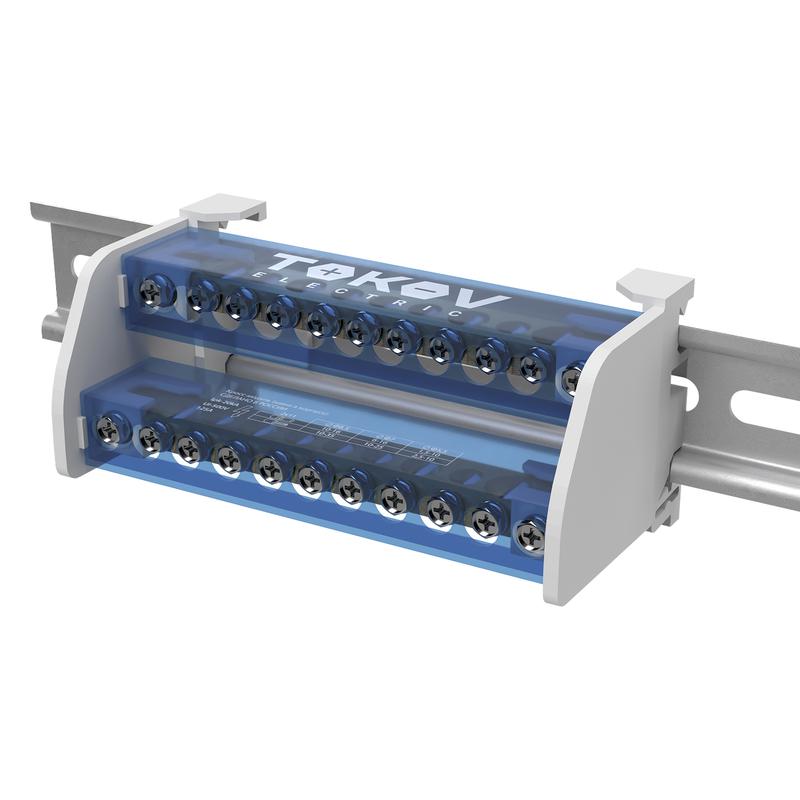 шина на din-рейку в корпусе (кросс-модуль) 2 группы по 11 отверстий 125а tokov electric tke-dbtb-125-2-11/l+pen от BTSprom.by