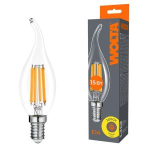 лампа светодиодная filament ct35 15вт свеча на ветру прозрачная 3000к e14 1200лм wolta wf-ct35-15w3ke14 от BTSprom.by