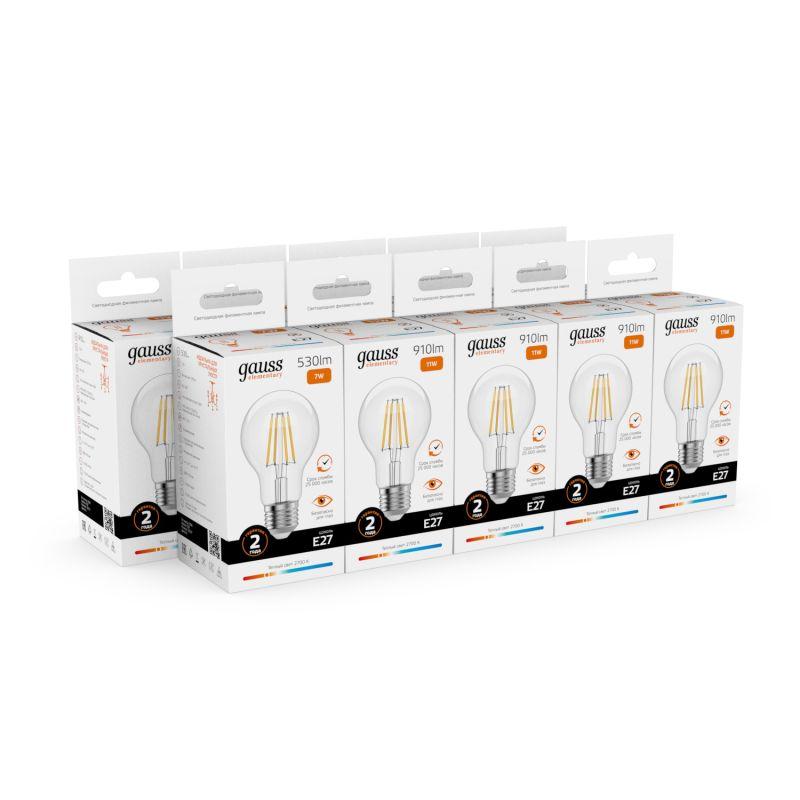 Лампа светодиодная филаментная Filament Elementary А60 7Вт 2700К Е27 530лм GAUSS 22217 фото в каталоге от BTSprom.by