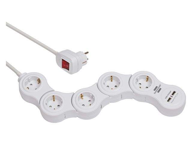 удлинитель 1.4м (5 роз., 3.3квт, с/з, 2 usb, выкл., пвс) гибкий, белый, brennenstuhl vario power (провод 3х1,5мм2, сила тока 16а, 2 usb порта, с/з - с от BTSprom.by