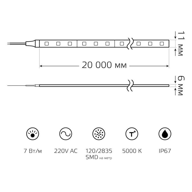  Лента светодиодная Black 2835/120-SMD 7Вт/м 6500К холод. бел. IP67 600лм/м 220В 11х6мм (уп.20м) GAUSS 311000322 фото в каталоге от BTSprom.by