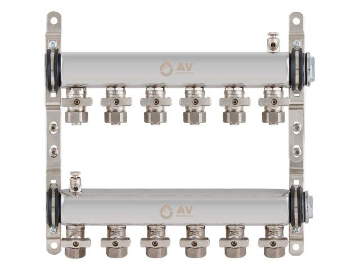  Коллекторная группа AVE134, 6 вых. AV Engineering (Для отопления (радиаторы) и водоснабжения. Не для теплого пола) AVE13400106 фото в каталоге от BTSprom.by