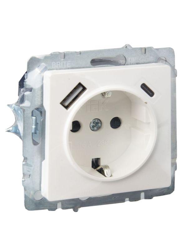  Розетка BRITE РЮш11-1-БрЖ 16А с USB A+C 18Вт с заземл. защ. шторки механизм жемчуж. IEK BR-R14-16-U22-018-K36 фото в каталоге от BTSprom.by