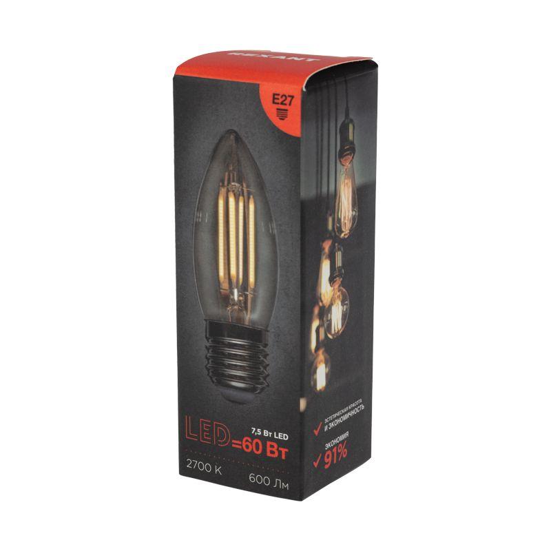 Лампа филаментная Свеча CN35 7.5Вт 600лм 2700К E27 прозр. колба Rexant 604-085 фото в каталоге от BTSprom.by