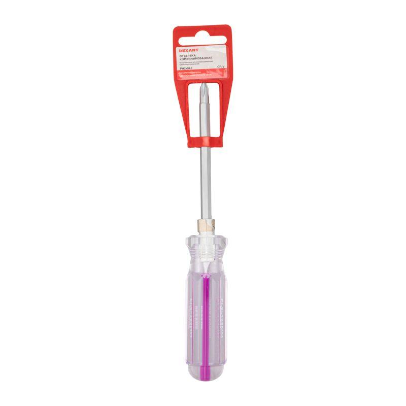  Отвертка комбинированная прозрачная рукоятка двухсторонний стержень 120мм (крестовая PH2 шлицевая SL 6мм) Rexant 12-4742 фото в каталоге от BTSprom.by