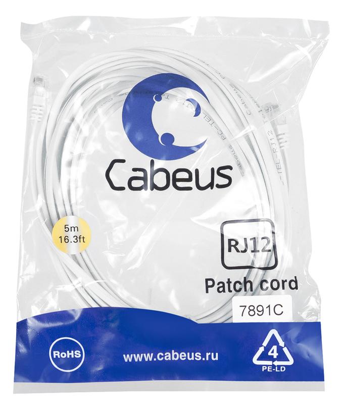 патч-корд телефонный pc-tel-rj12-5m 2х6р4с pvc 5м бел. cabeus 7891c от BTSprom.by