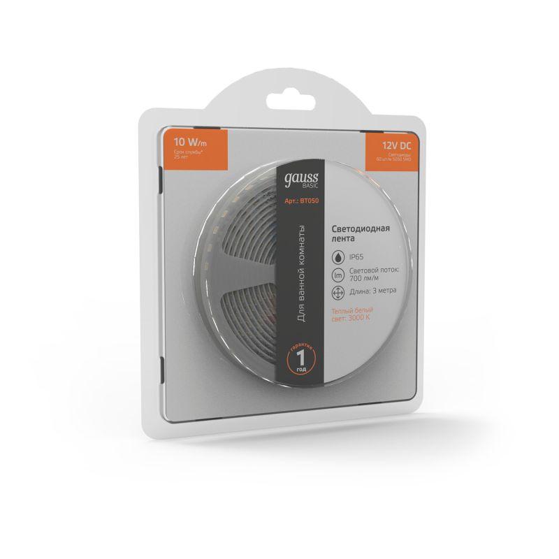  Лента светодиодная Basic 5050/60-SMD 10Вт/м 3000К тепл. бел. IP65 700лм/м 12В 10мм (уп.3м) GAUSS BT050 фото в каталоге от BTSprom.by