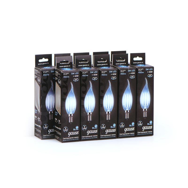 Лампа светодиодная филаментная Black Filament 5Вт свеча на ветру 4100К нейтр. бел. E14 450лм GAUSS 104801205 фото в каталоге от BTSprom.by