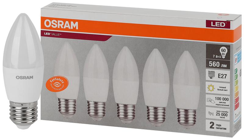 лампа светодиодная led value lvclb60 7sw/830 7вт свеча матовая e27 230в 2х5 ru (уп.5шт) osram 4058075578012 от BTSprom.by
