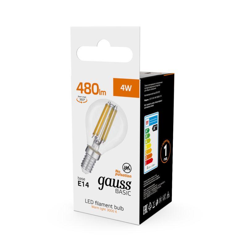 Лампа светодиодная филаментная Basic Filament 4Вт Шар 3000К E14 480лм GAUSS 50512142 фото в каталоге от BTSprom.by
