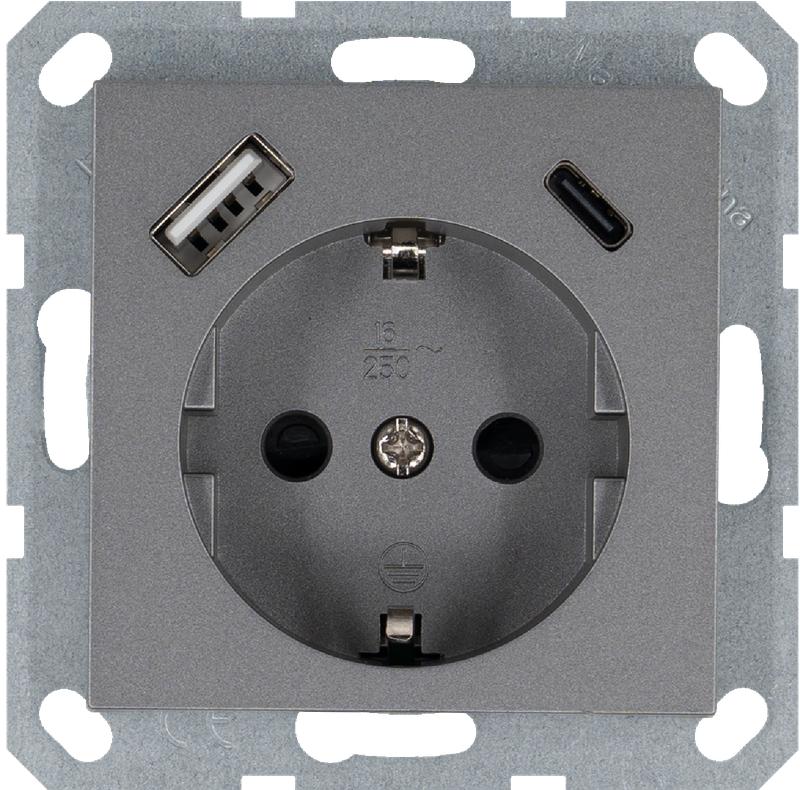 розетка shuko 16а с заземл. защ. шторки с 2-мя заряд. устройствами usb тип a+c 25вт механизм алюм. jasmart g5501usb-25s от BTSprom.by