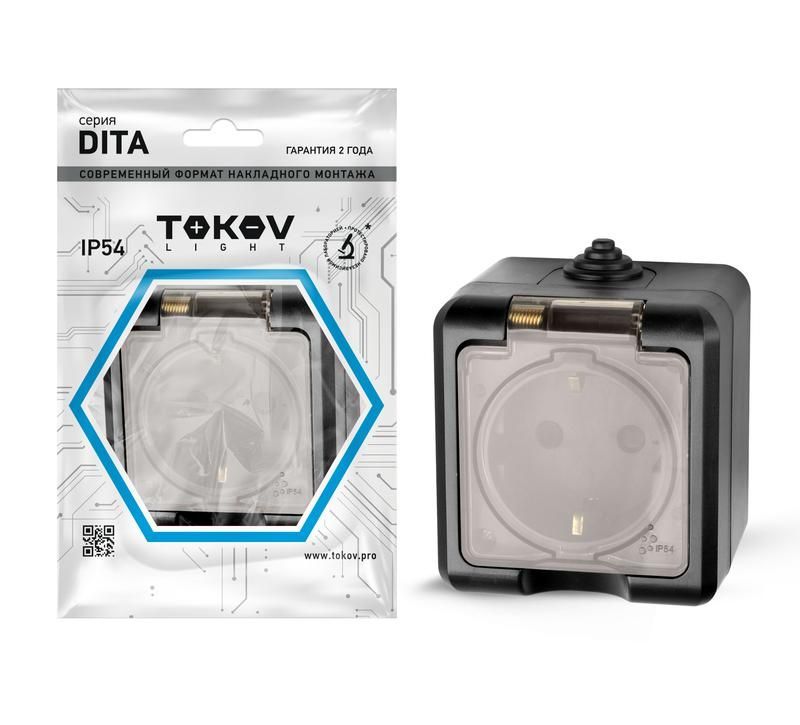 розетка 1-м оп dita 16а ip54 250в с заземл. с прозр. крышкой карбон tokov electric tkl-dt-r1z-c14t-ip54 от BTSprom.by